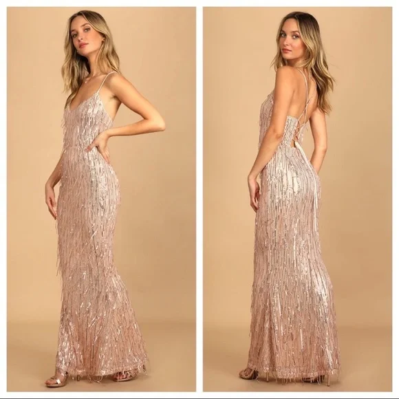 Lulus | Dresses | Nwot Endless Festivities Rose Gold Sequin Fringe Laceup  Maxi Dress | Poshmark